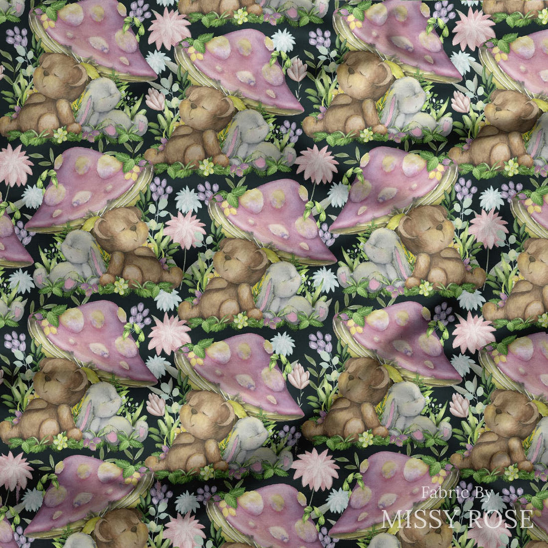 Design 825 Cute Woodlands Fabric draped fabric mockup – custom printed fabric by the metre | Fabric by Missy Rose