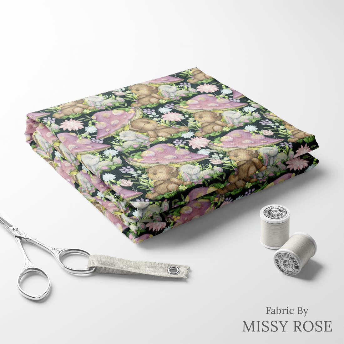 Design 825 Cute Woodlands Fabric folded fabric stack with matching thread – pre-order fabric Australia | Fabric by Missy Rose