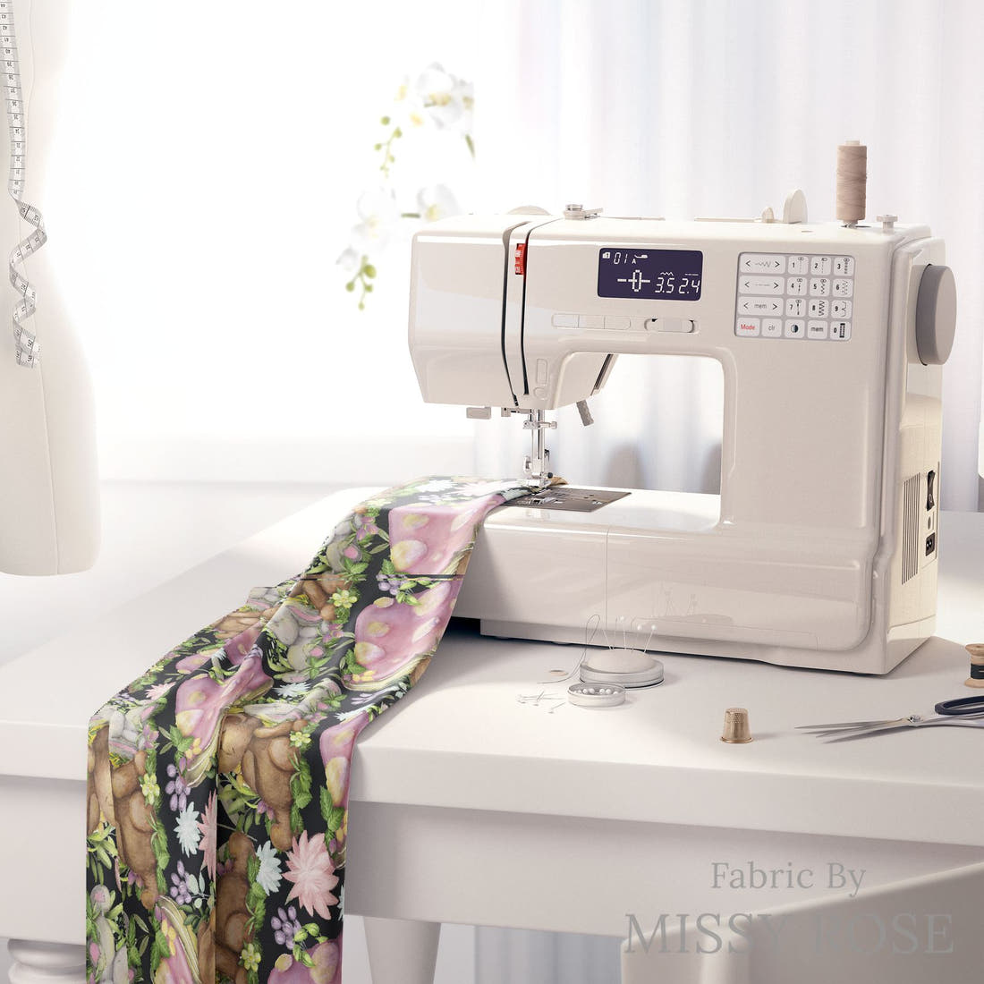 Design 825 Cute Woodlands Fabric on a sewing machine – premium fabric for sewing projects | Fabric by Missy Rose