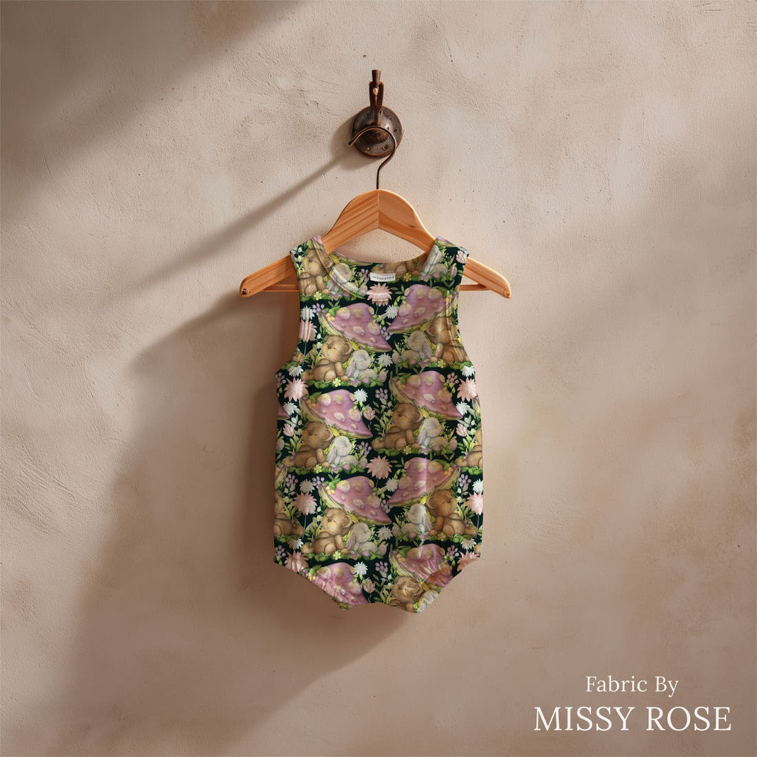 Design 825 Cute Woodlands Fabric sewn into a baby romper – see how the print looks made up | Fabric by Missy Rose