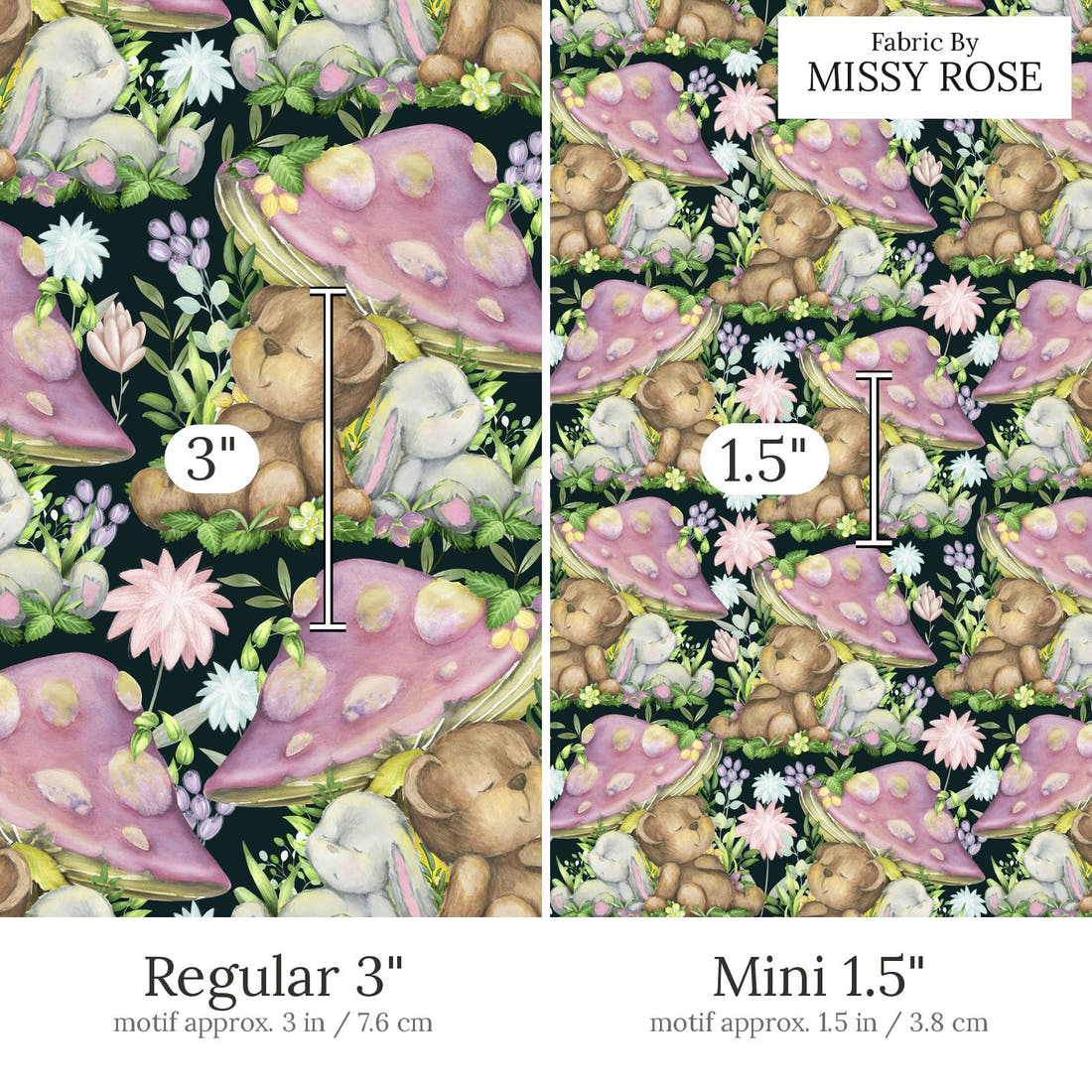 Design 825 Cute Woodlands Fabric Regular 3 inch vs Mini 1.5 inch print scale side by side | Fabric by Missy Rose