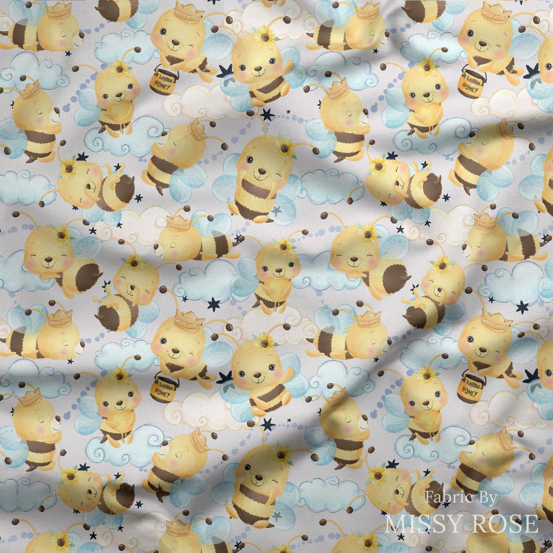 Design 826 Honey Bee Fabric draped fabric mockup – custom printed fabric by the metre | Fabric by Missy Rose