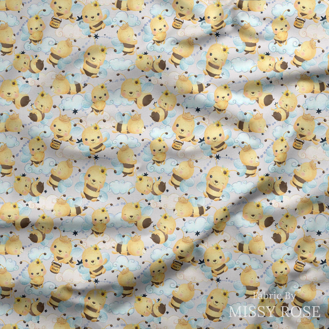 Design 826 Honey Bee Fabric draped fabric mockup – custom printed fabric by the metre | Fabric by Missy Rose