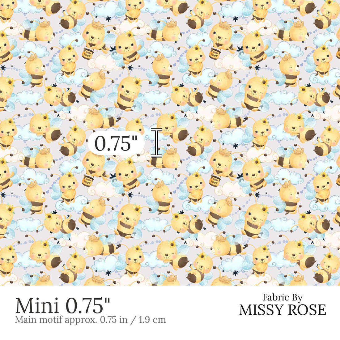 Design 826 Honey Bee Fabric Mini 0.75 inch print scale guide | Fabric by Missy Rose