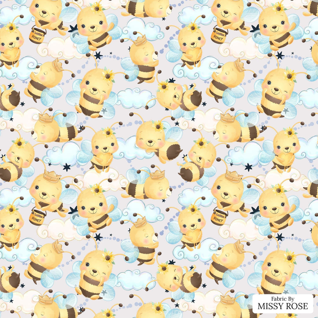 Design 826 Honey Bee Fabric - flat view of the print, zoom in for detail | Fabric by Missy Rose