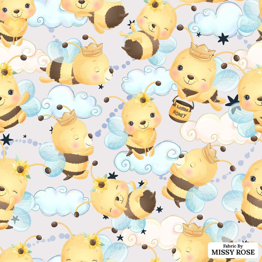 Design 826 Honey Bee Fabric - flat view of the print, zoom in for detail | Fabric by Missy Rose