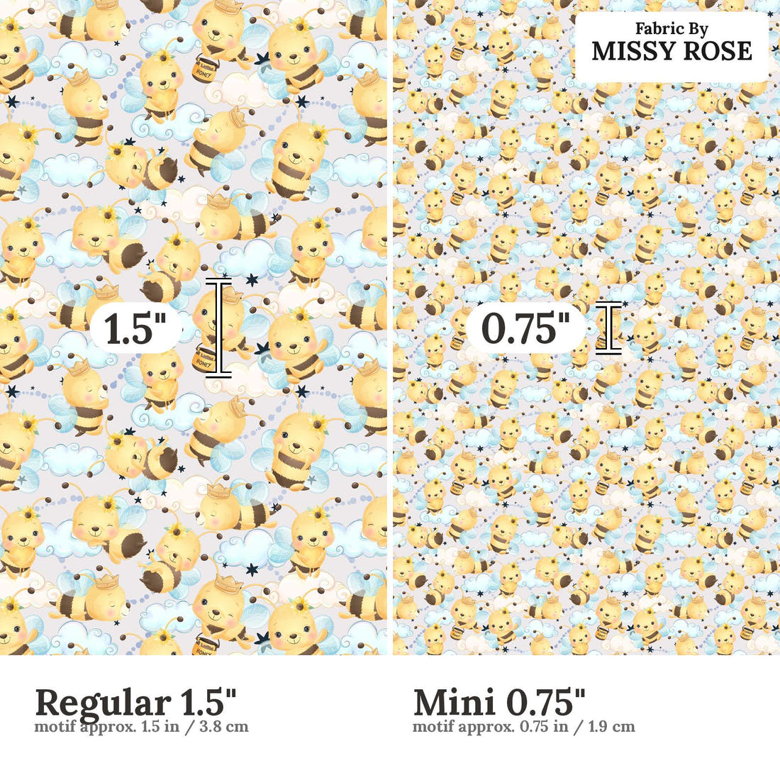 Design 826 Honey Bee Fabric size comparison - print scale | Fabric by Missy Rose