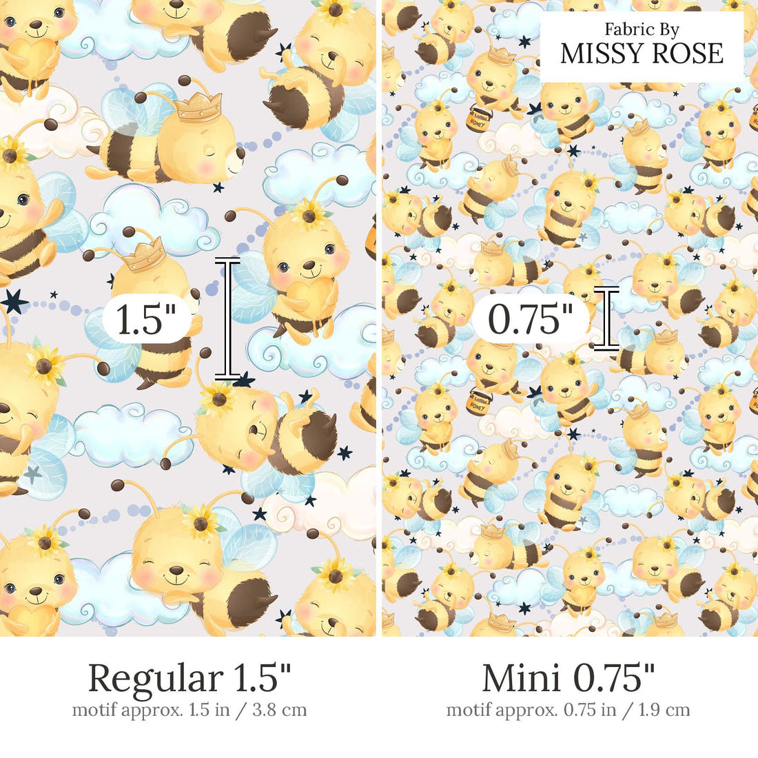 Design 826 Honey Bee Fabric Regular 1.5 inch vs Mini 0.75 inch print scale side by side | Fabric by Missy Rose