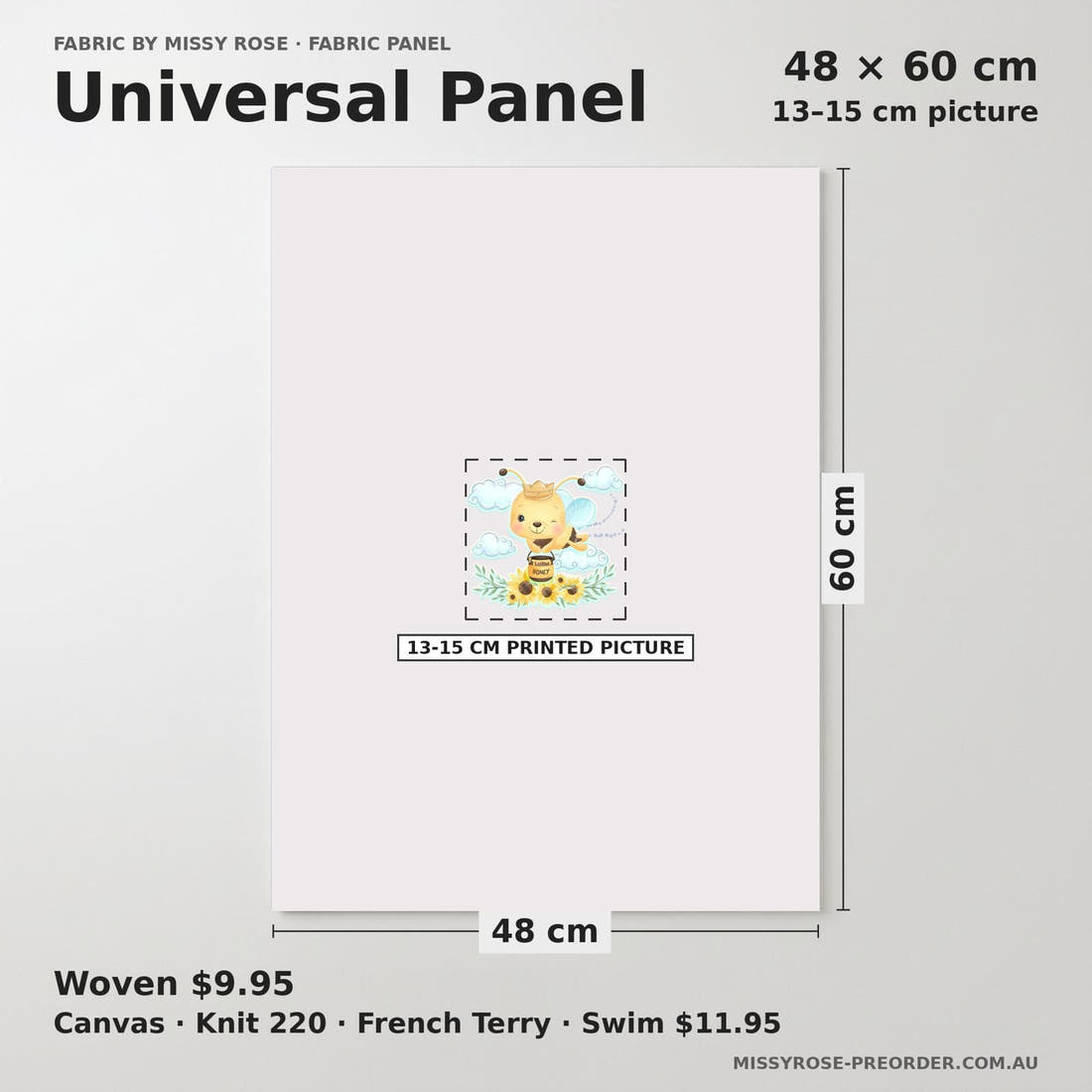 Design 826 Honey Bee Panel universal panel sizing – 13–15 cm printed picture on 48 × 60 cm fabric | Fabric by Missy Rose