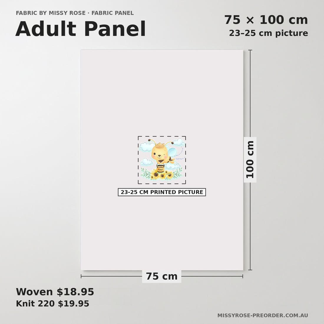 Design 826 Honey Bee Panel adult panel sizing – 23–25 cm printed picture on 75 × 100 cm fabric | Fabric by Missy Rose