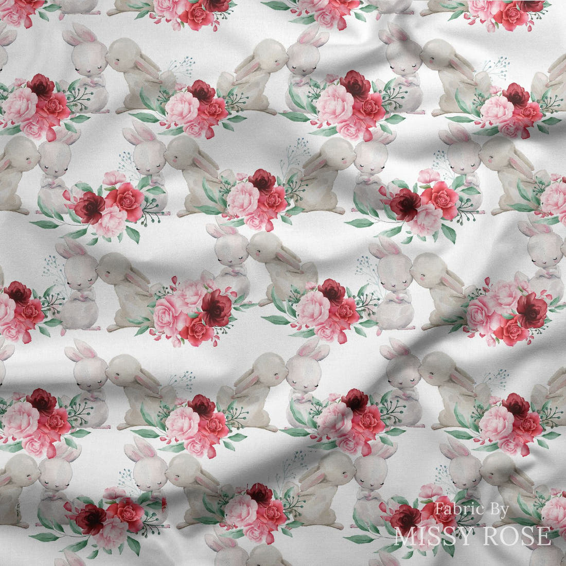 Design 827 Cute Bunny Fabric draped fabric mockup – custom printed fabric by the metre | Fabric by Missy Rose