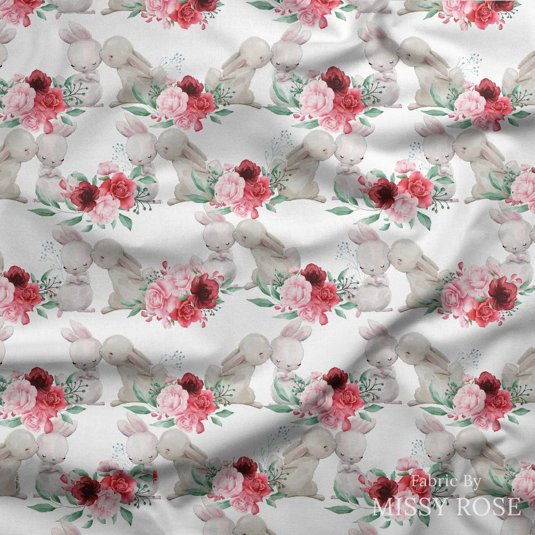 Design 827 Cute Bunny Fabric draped fabric mockup – custom printed fabric by the metre | Fabric by Missy Rose