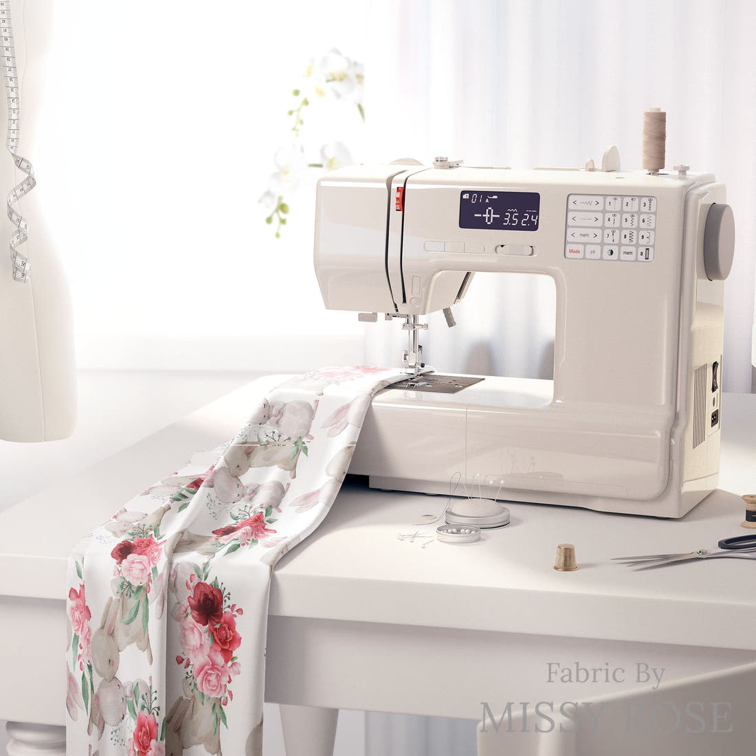 Design 827 Cute Bunny Fabric on a sewing machine – premium fabric for sewing projects | Fabric by Missy Rose