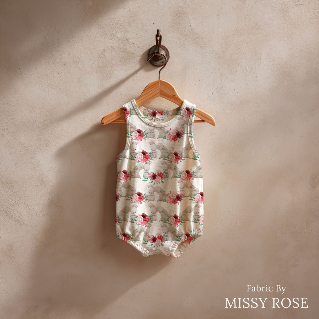 Design 827 Cute Bunny Fabric sewn into a baby romper – see how the print looks made up | Fabric by Missy Rose