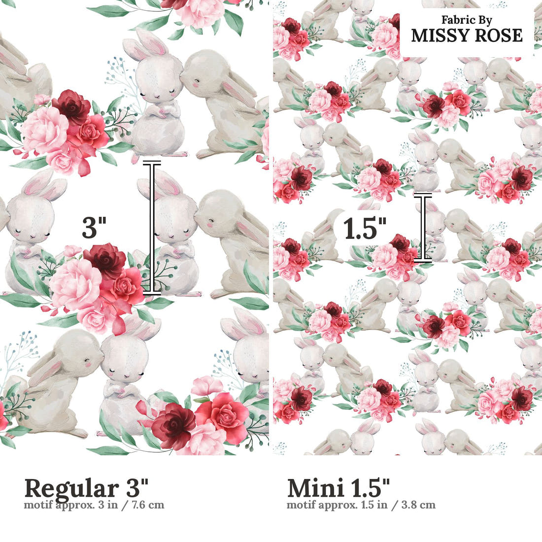Design 827 Cute Bunny Fabric size comparison - print scale | Fabric by Missy Rose