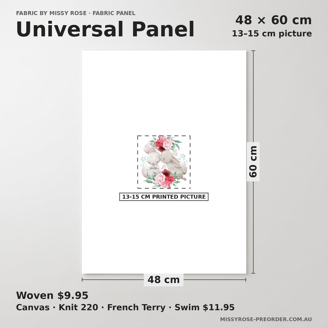Design 827 Cute Bunny Panel universal panel sizing – 13–15 cm printed picture on 48 × 60 cm fabric | Fabric by Missy Rose