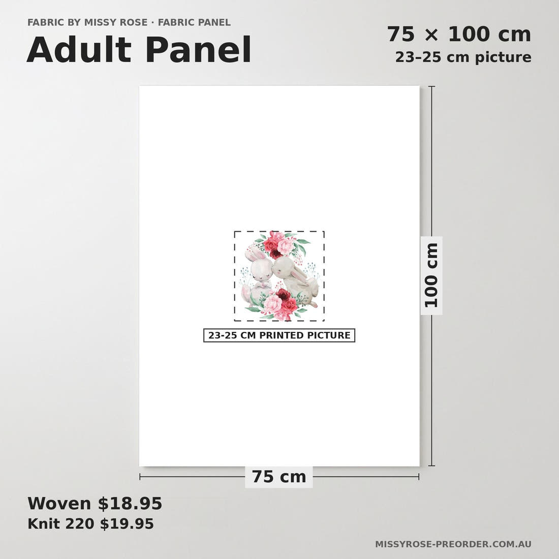 Design 827 Cute Bunny Panel adult panel sizing – 23–25 cm printed picture on 75 × 100 cm fabric | Fabric by Missy Rose