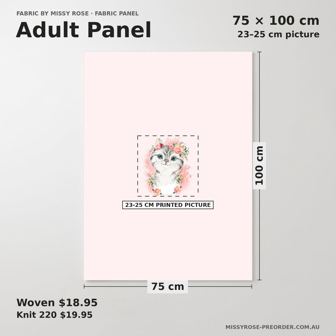 Design 828 Pink Cats Panel adult panel sizing – 23–25 cm printed picture on 75 × 100 cm fabric | Fabric by Missy Rose