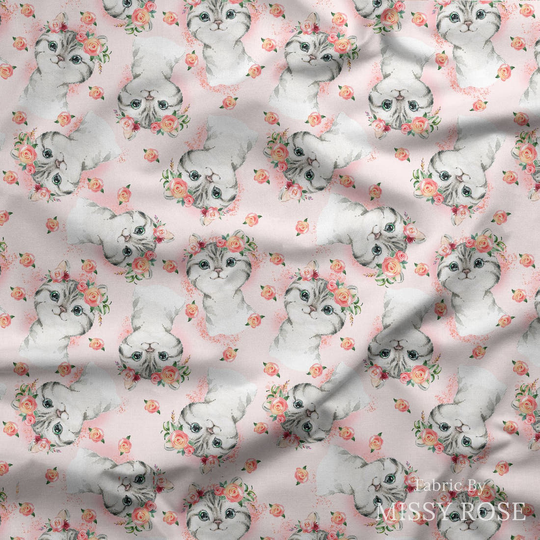 Design 828 Pink Cats Fabric draped fabric mockup – custom printed fabric by the metre | Fabric by Missy Rose