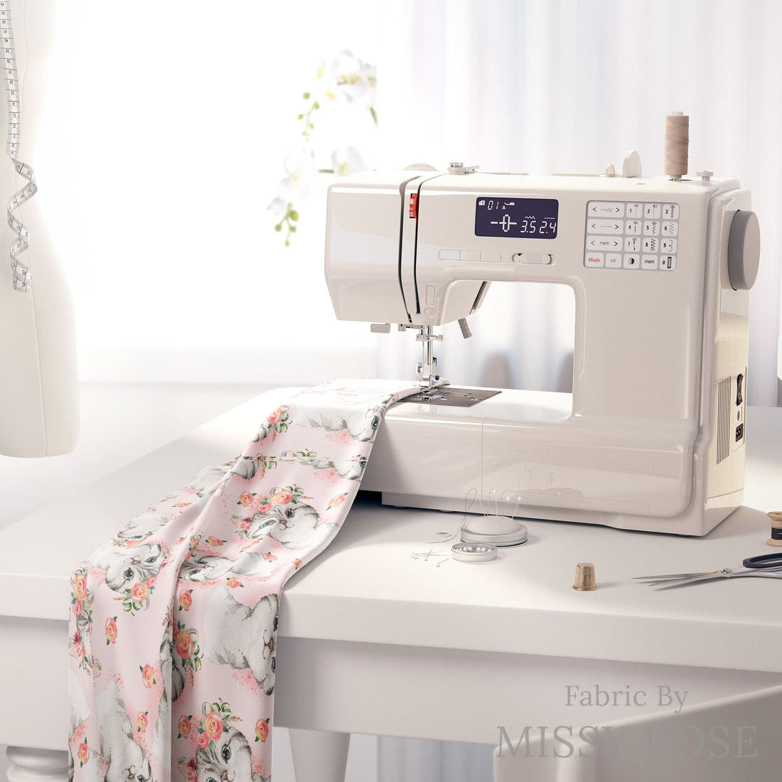 Design 828 Pink Cats Fabric on a sewing machine – premium fabric for sewing projects | Fabric by Missy Rose