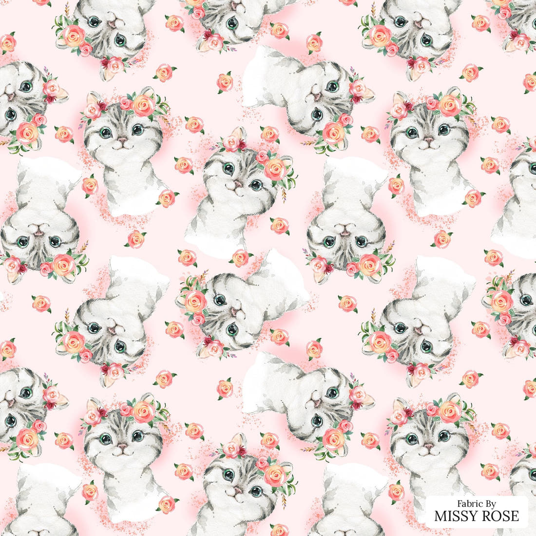 Design 828 Pink Cats Fabric - flat view of the print, zoom in for detail | Fabric by Missy Rose