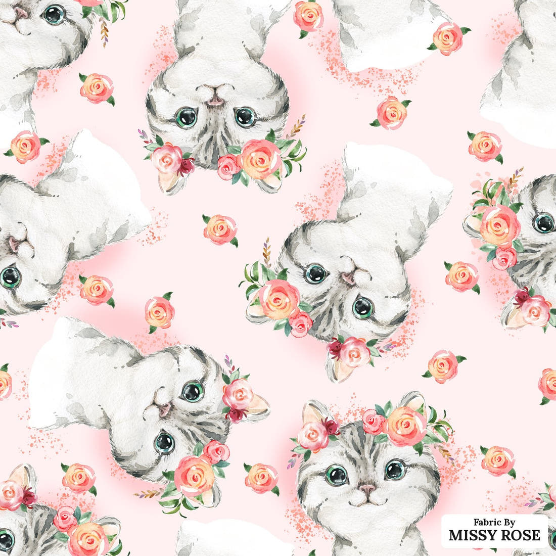 Design 828 Pink Cats Fabric - flat view of the print, zoom in for detail | Fabric by Missy Rose