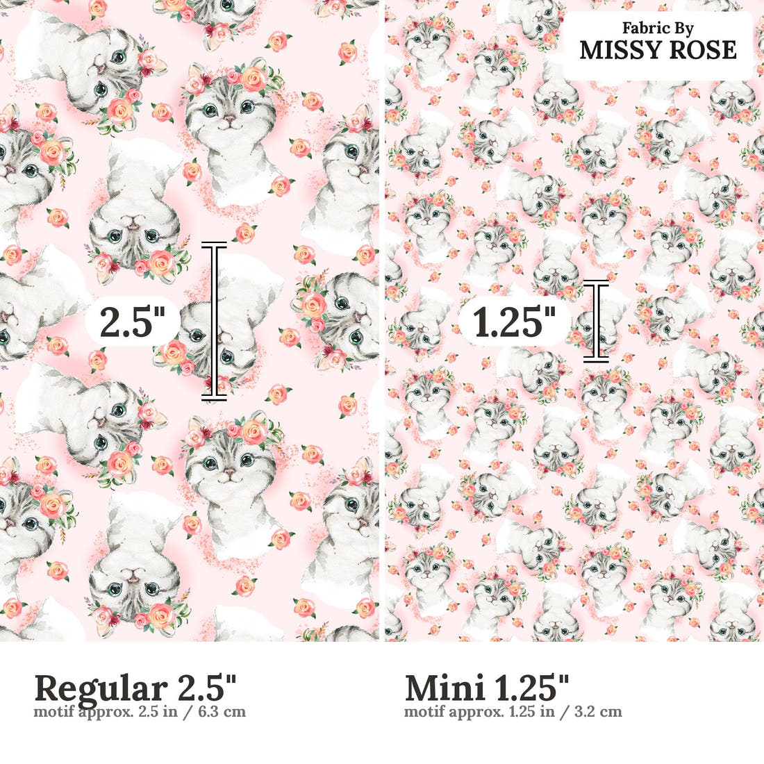Design 828 Pink Cats Fabric size comparison - print scale | Fabric by Missy Rose