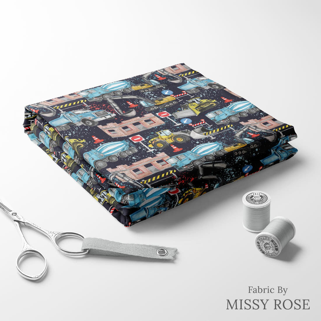 Design 829 Construction Fabric folded fabric stack with matching thread – pre-order fabric Australia | Fabric by Missy Rose