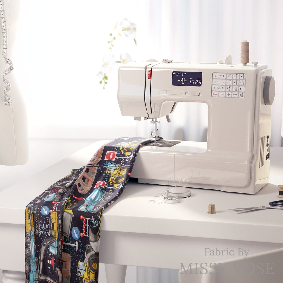 Design 829 Construction Fabric on a sewing machine – premium fabric for sewing projects | Fabric by Missy Rose