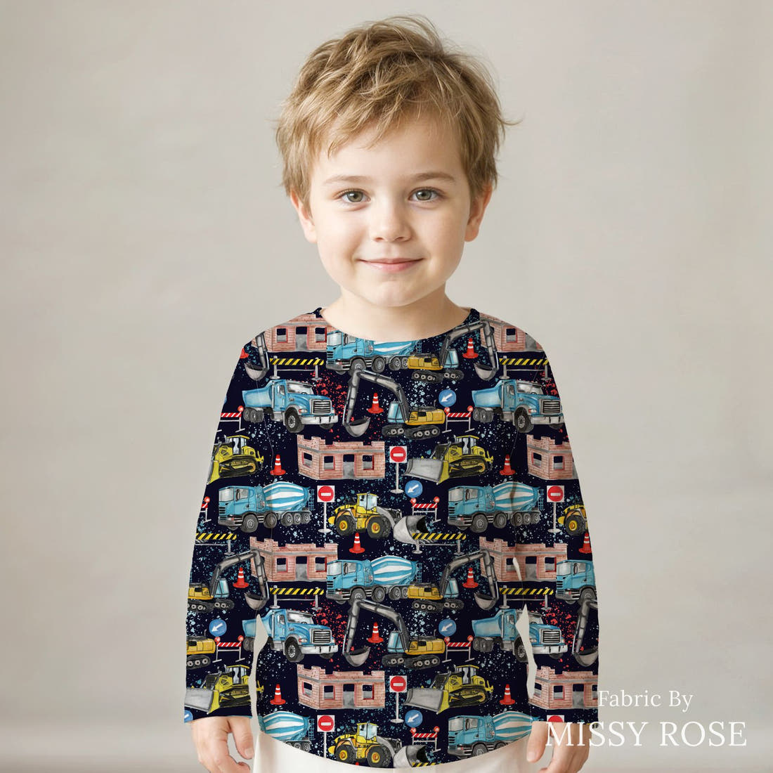 Design 829 Construction Fabric sewn into a kids' long sleeve top – see how the print looks made up | Fabric by Missy Rose