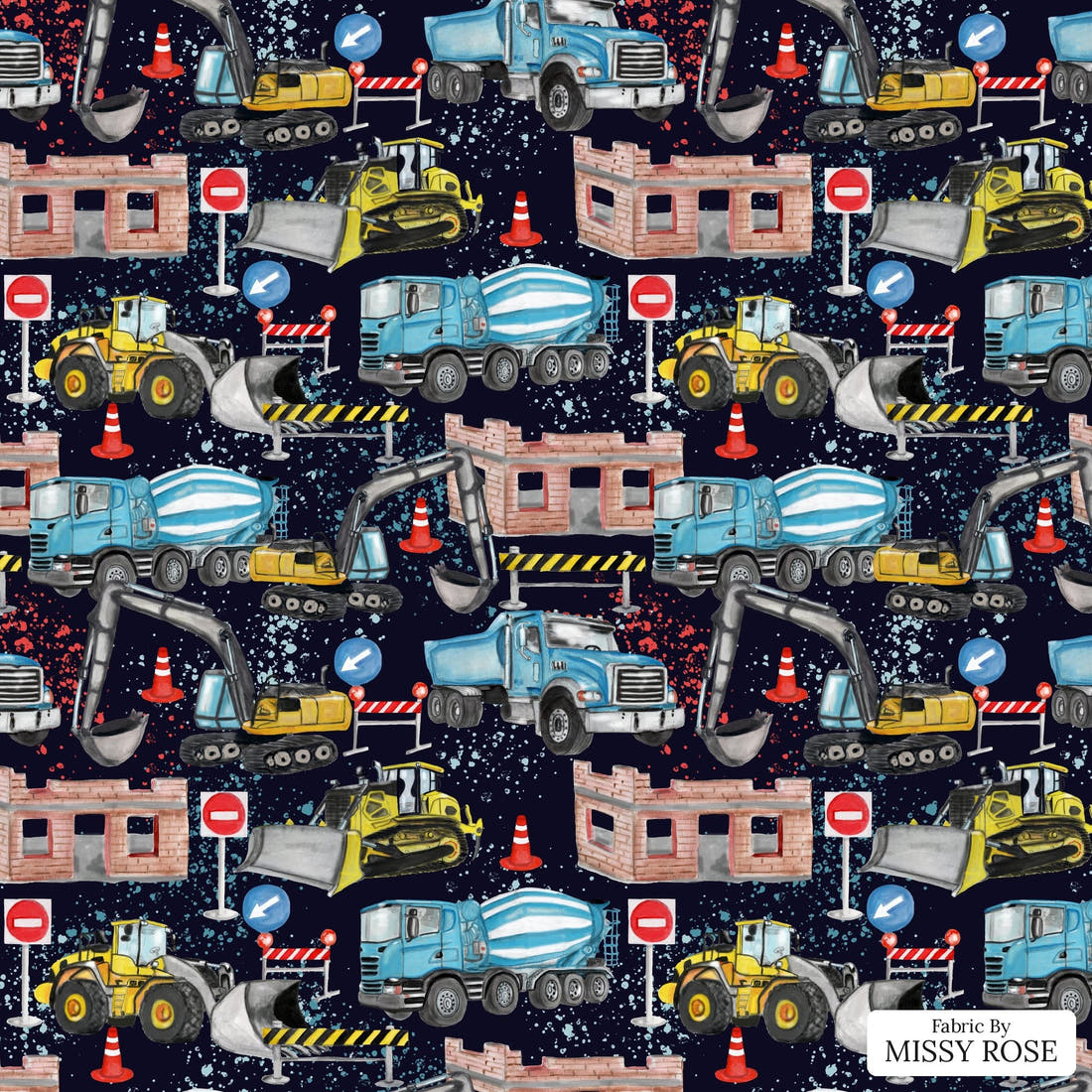 Design 829 Construction Fabric - flat view of the print, zoom in for detail | Fabric by Missy Rose