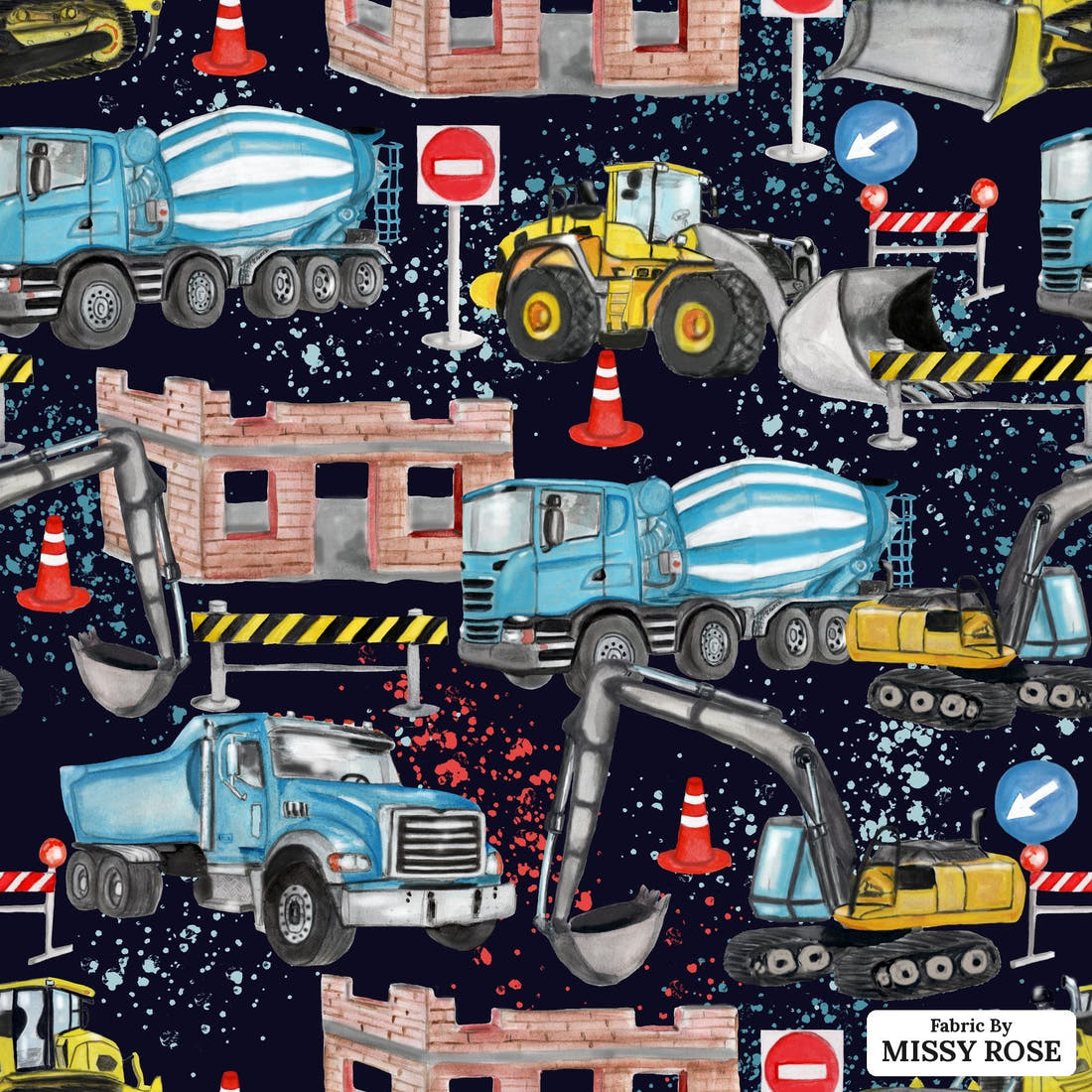 Design 829 Construction Fabric - flat view of the print, zoom in for detail | Fabric by Missy Rose