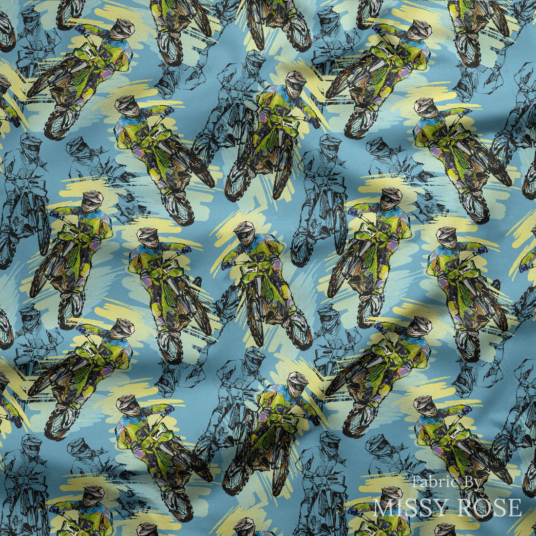 Design 83 Motorbike Fabric draped fabric mockup – custom printed fabric by the metre | Fabric by Missy Rose