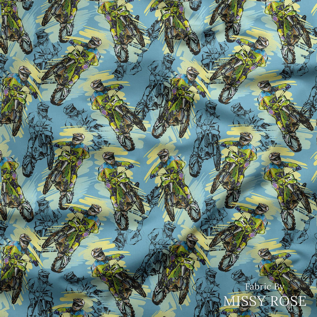 Design 83 Motorbike Fabric draped fabric mockup – custom printed fabric by the metre | Fabric by Missy Rose