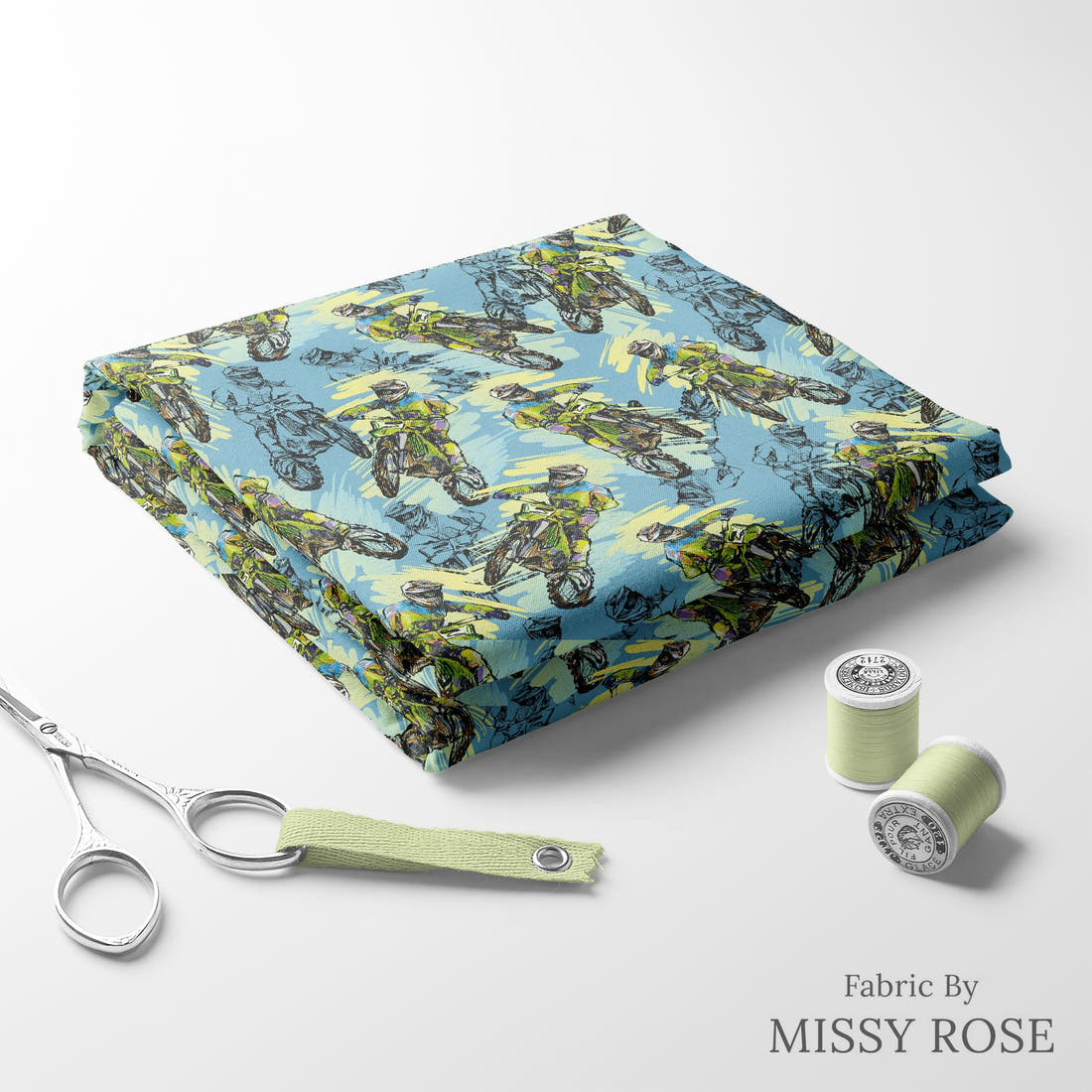 Design 83 Motorbike Fabric folded fabric stack with matching thread – pre-order fabric Australia | Fabric by Missy Rose