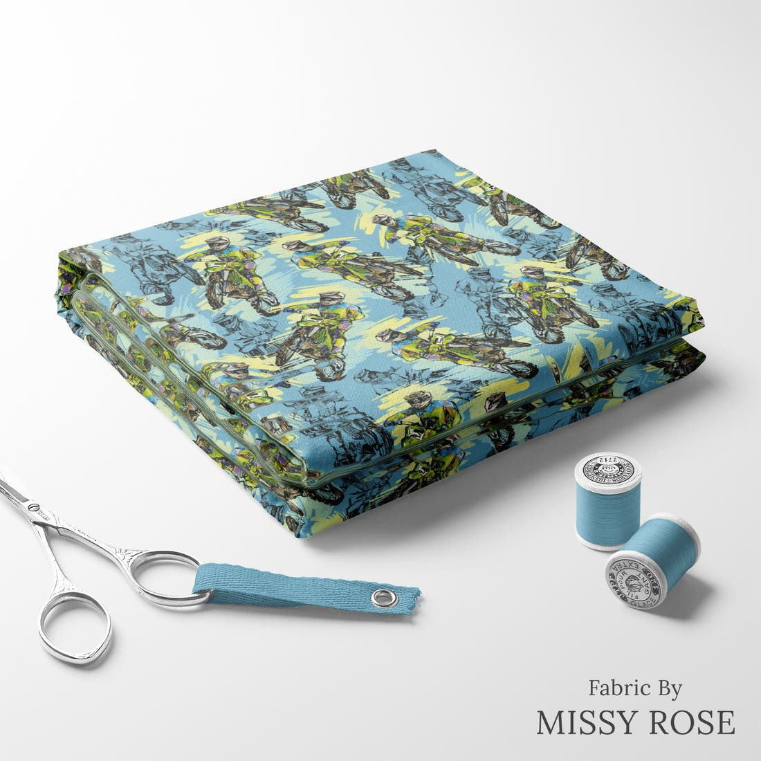 Design 83 Motorbike Fabric folded fabric stack with matching thread – pre-order fabric Australia | Fabric by Missy Rose