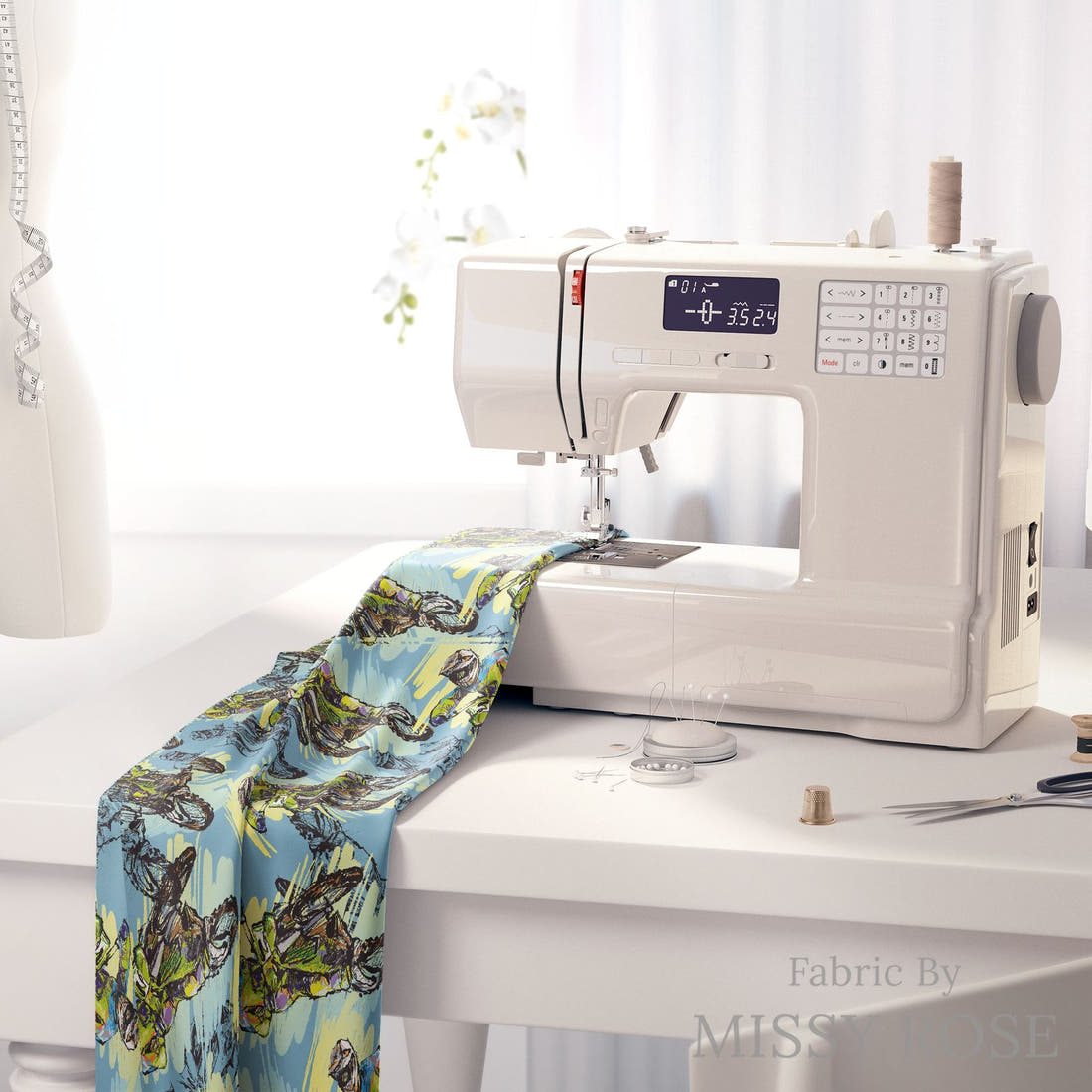 Design 83 Motorbike Fabric on a sewing machine – premium fabric for sewing projects | Fabric by Missy Rose
