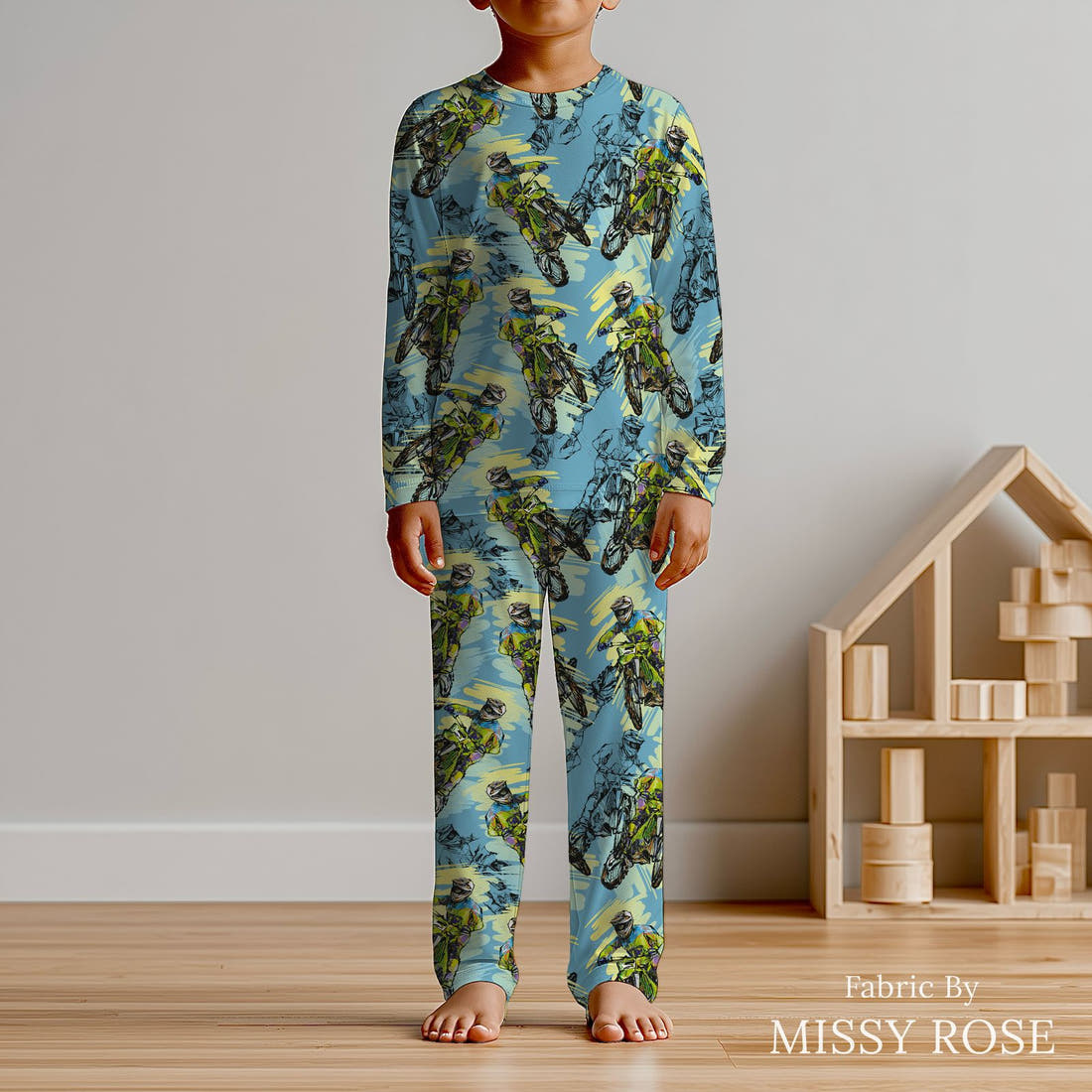 Design 83 Motorbike Fabric sewn into kids' pyjamas – see how the print looks made up | Fabric by Missy Rose