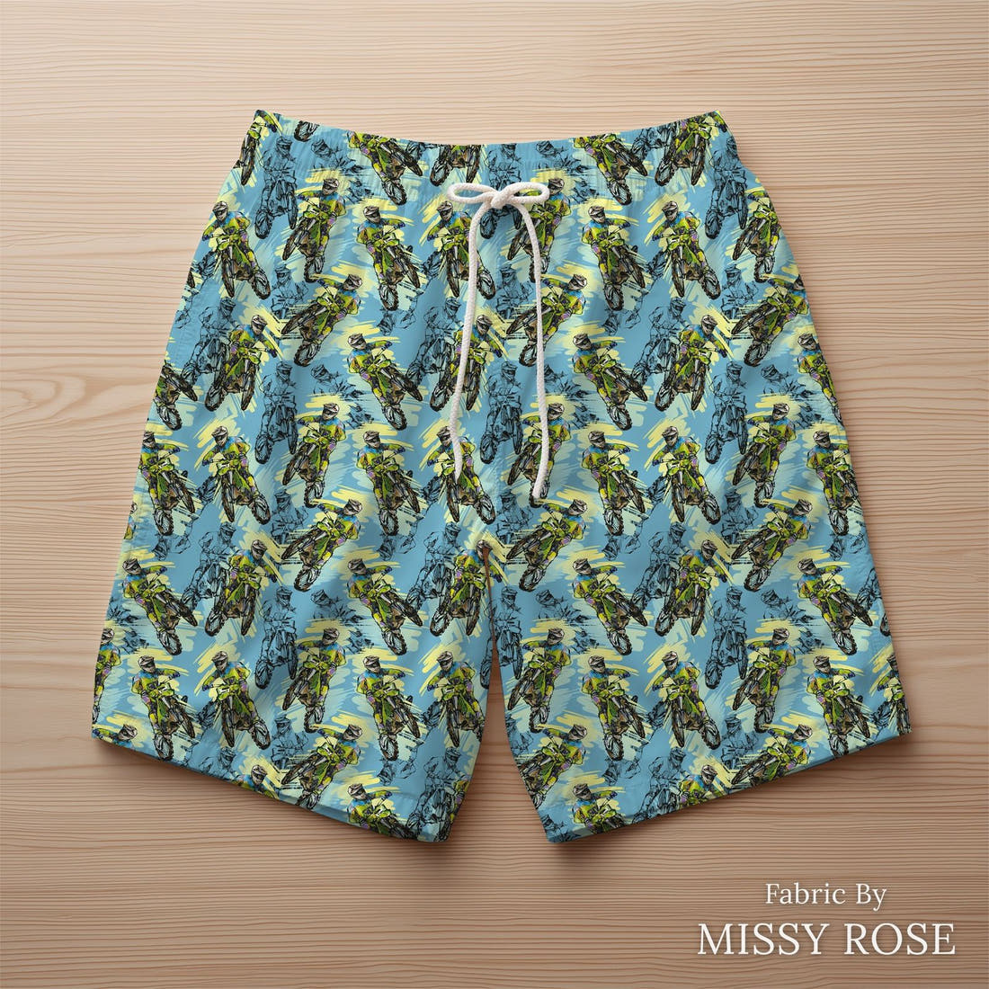 Design 83 Motorbike Fabric sewn into swim shorts – see how the print looks made up | Fabric by Missy Rose