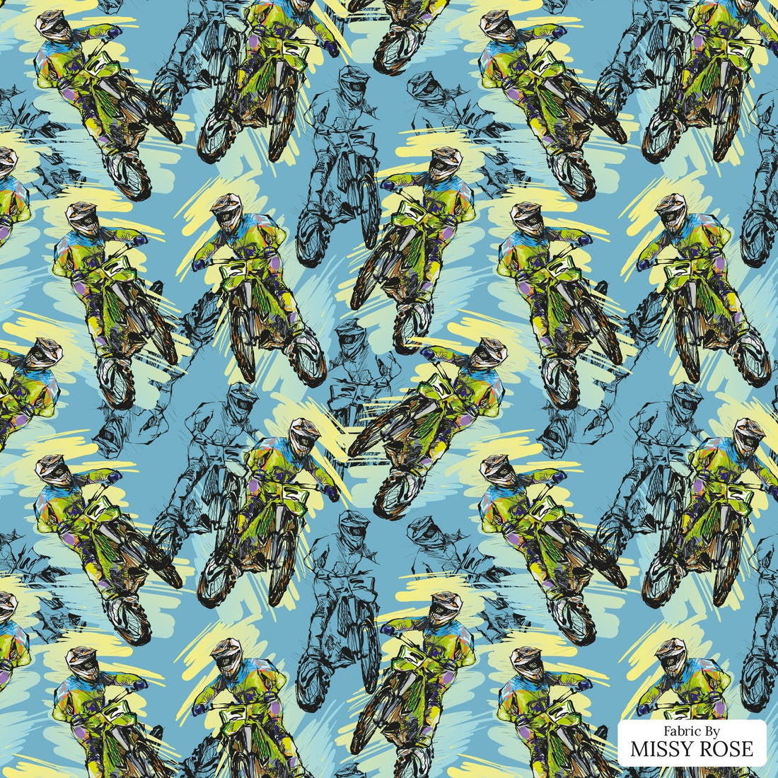 Design 83 Motorbike Fabric - flat view of the print, zoom in for detail | Fabric by Missy Rose