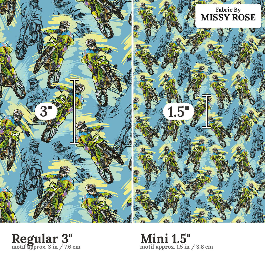 Design 83 Motorbike Fabric size comparison - print scale | Fabric by Missy Rose