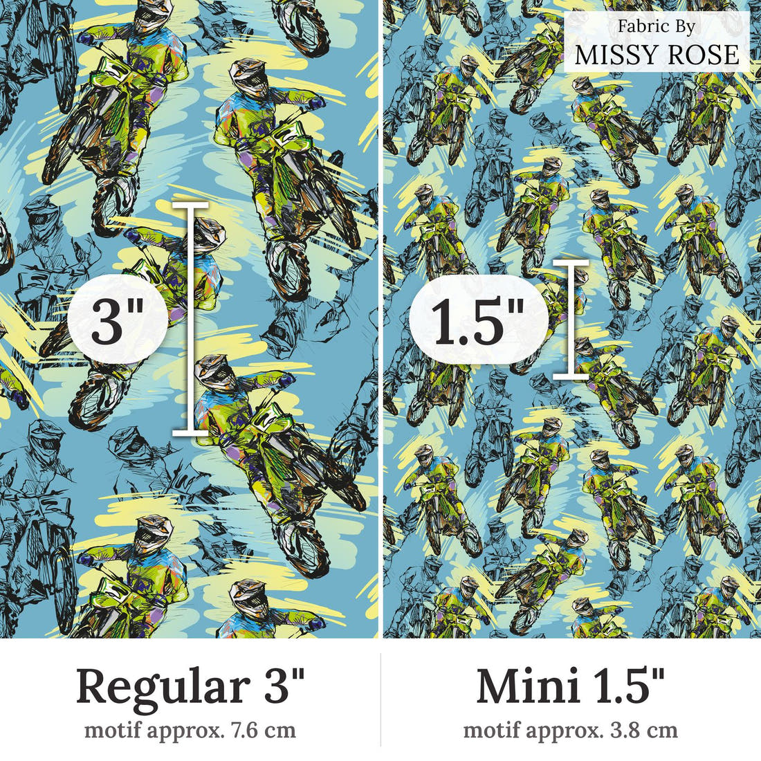 Design 83 Motorbike Fabric Regular 3 inch vs Mini 1.5 inch print scale side by side | Fabric by Missy Rose