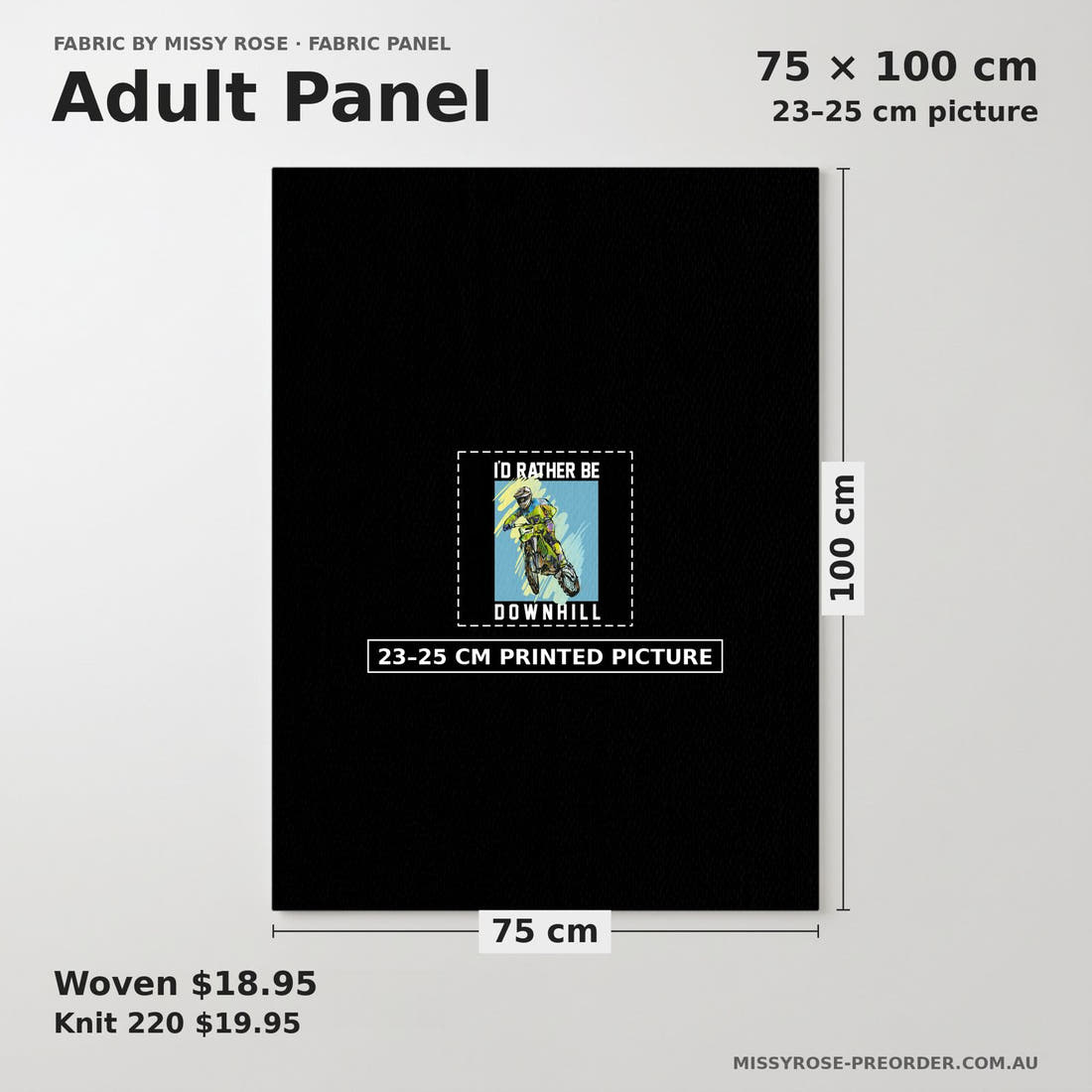 Design 83 Motorbike Panel adult panel sizing – 23–25 cm printed picture on 75 × 100 cm fabric | Fabric by Missy Rose