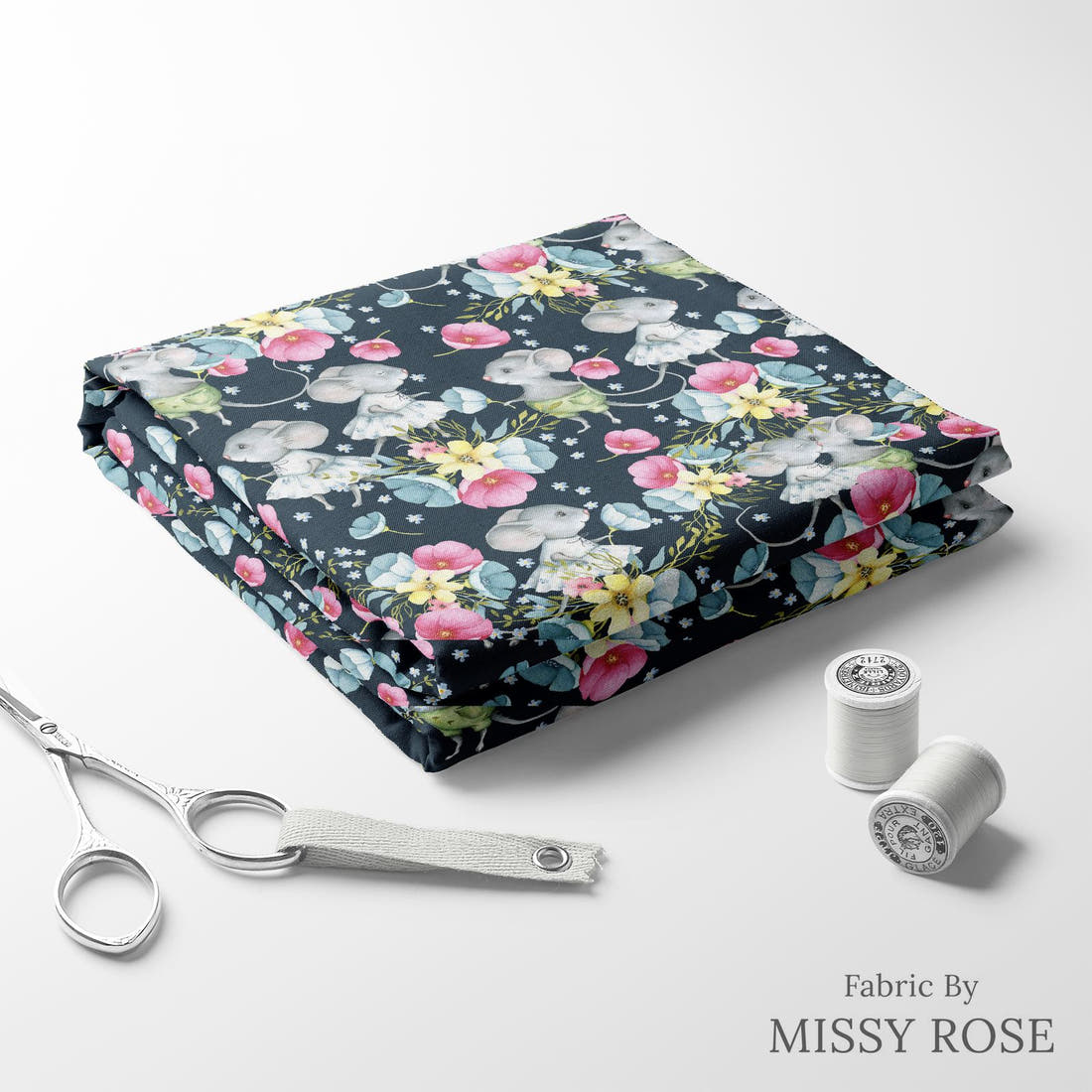Design 830 Floral Mouse Fabric folded fabric stack with matching thread – pre-order fabric Australia | Fabric by Missy Rose