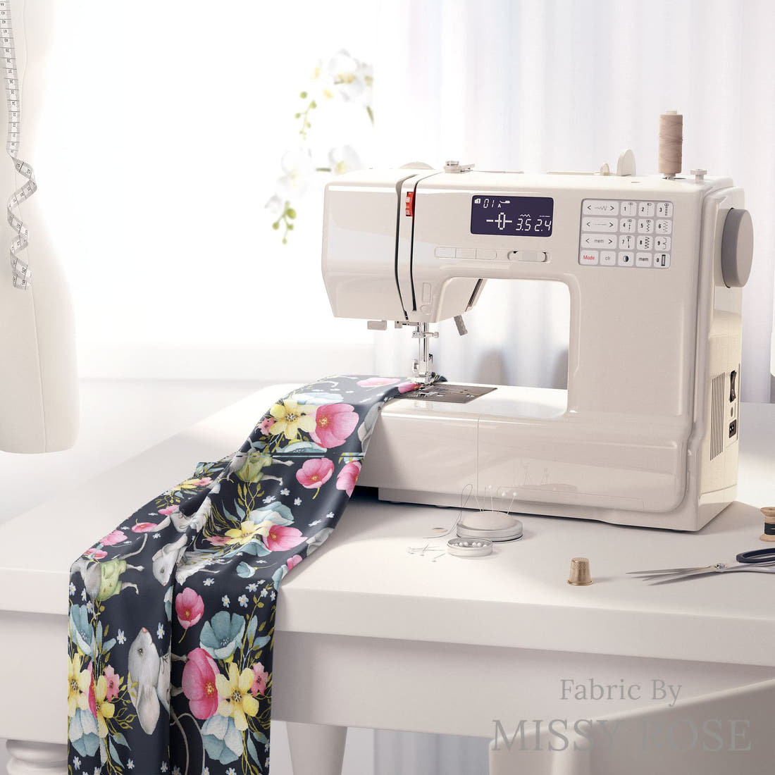 Design 830 Floral Mouse Fabric on a sewing machine – premium fabric for sewing projects | Fabric by Missy Rose