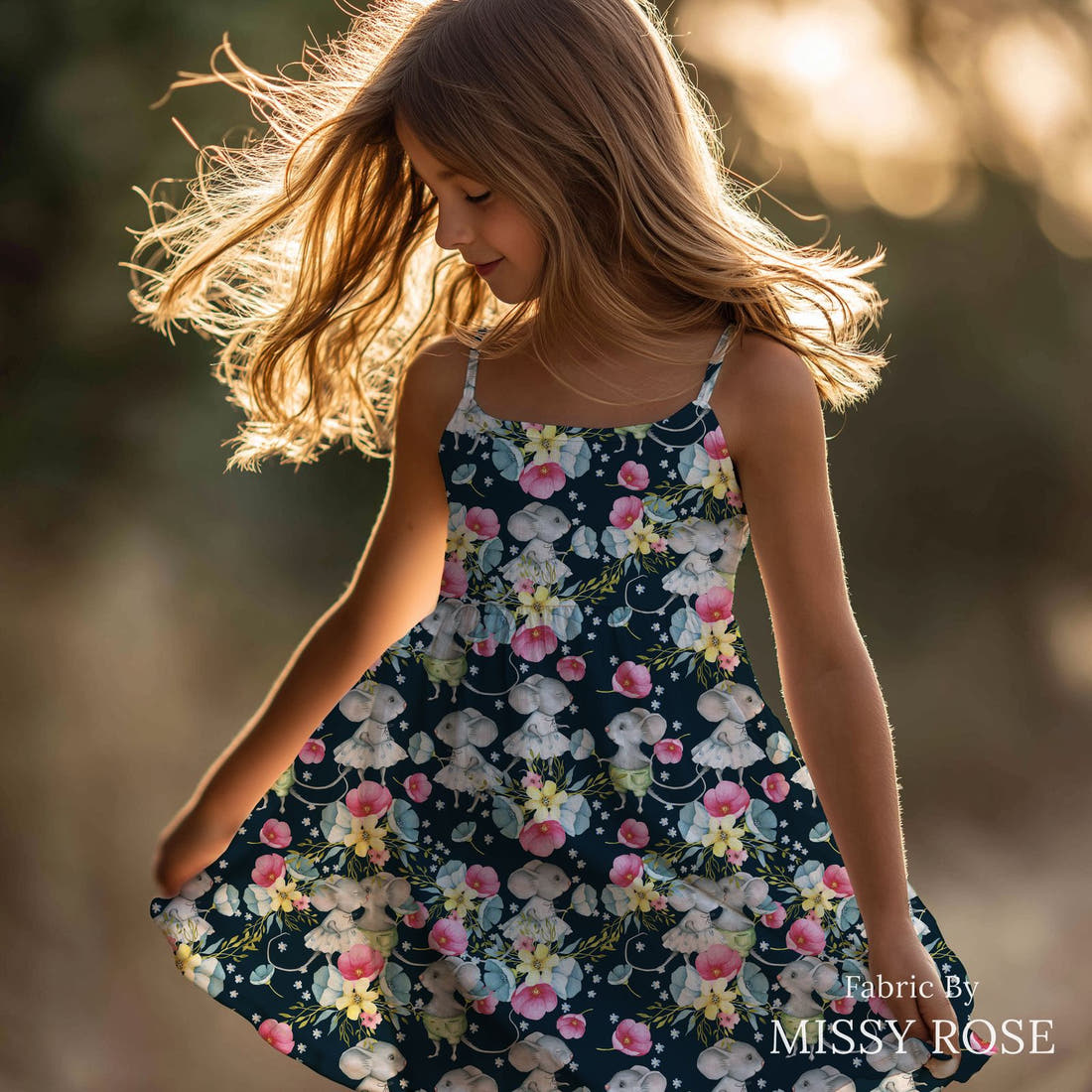 Design 830 Floral Mouse Fabric sewn into a girls' dress – see how the print looks made up | Fabric by Missy Rose