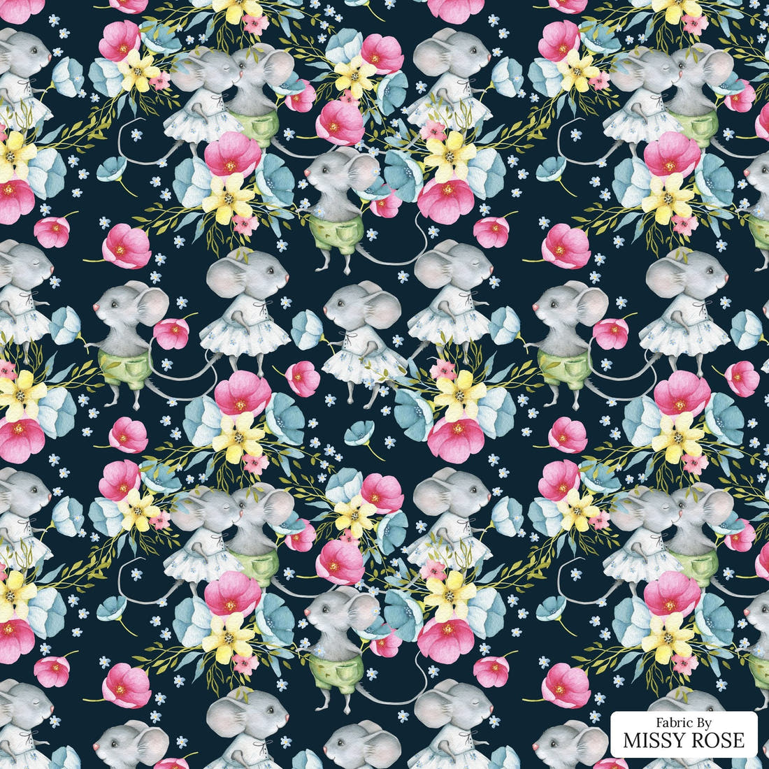 Design 830 Floral Mouse Fabric - flat view of the print, zoom in for detail | Fabric by Missy Rose