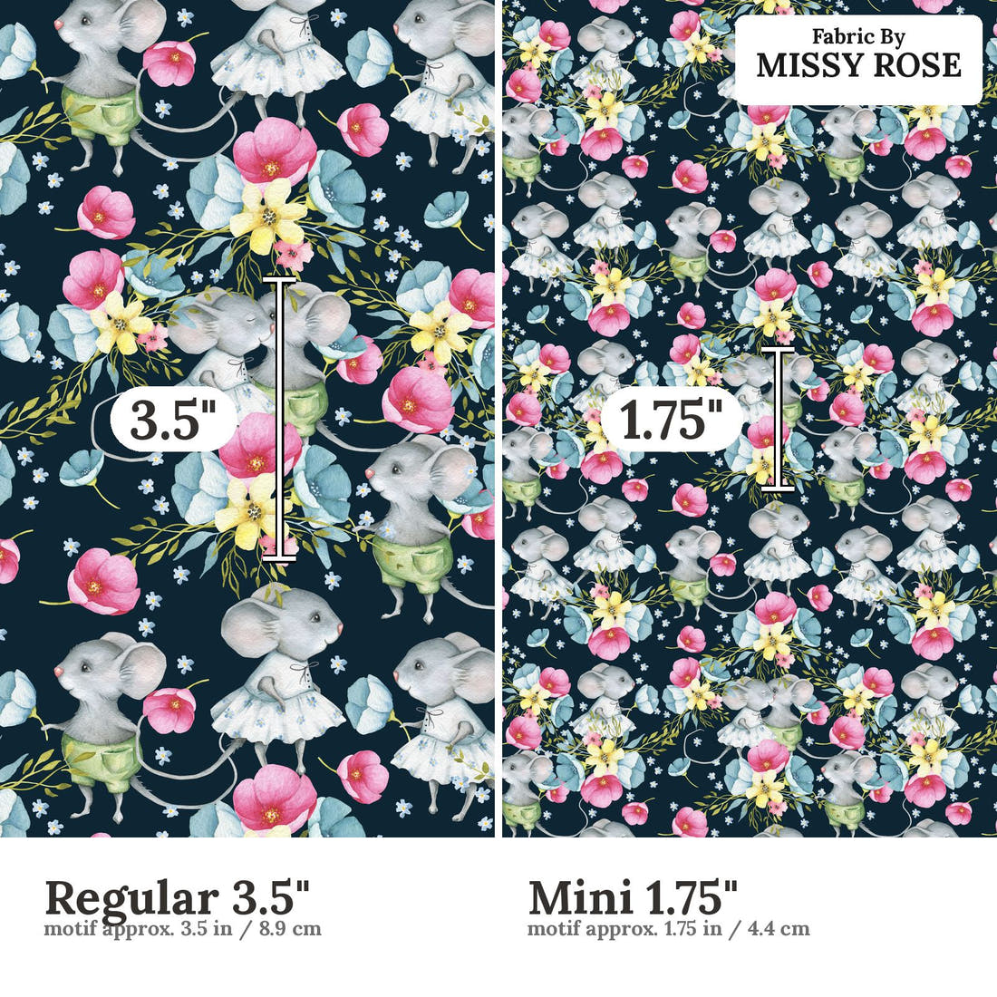 Design 830 Floral Mouse Fabric size comparison - print scale | Fabric by Missy Rose