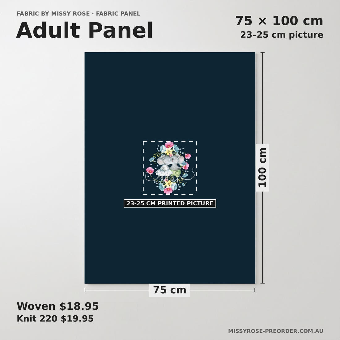 Design 830 Floral Mouse Panel adult panel sizing – 23–25 cm printed picture on 75 × 100 cm fabric | Fabric by Missy Rose
