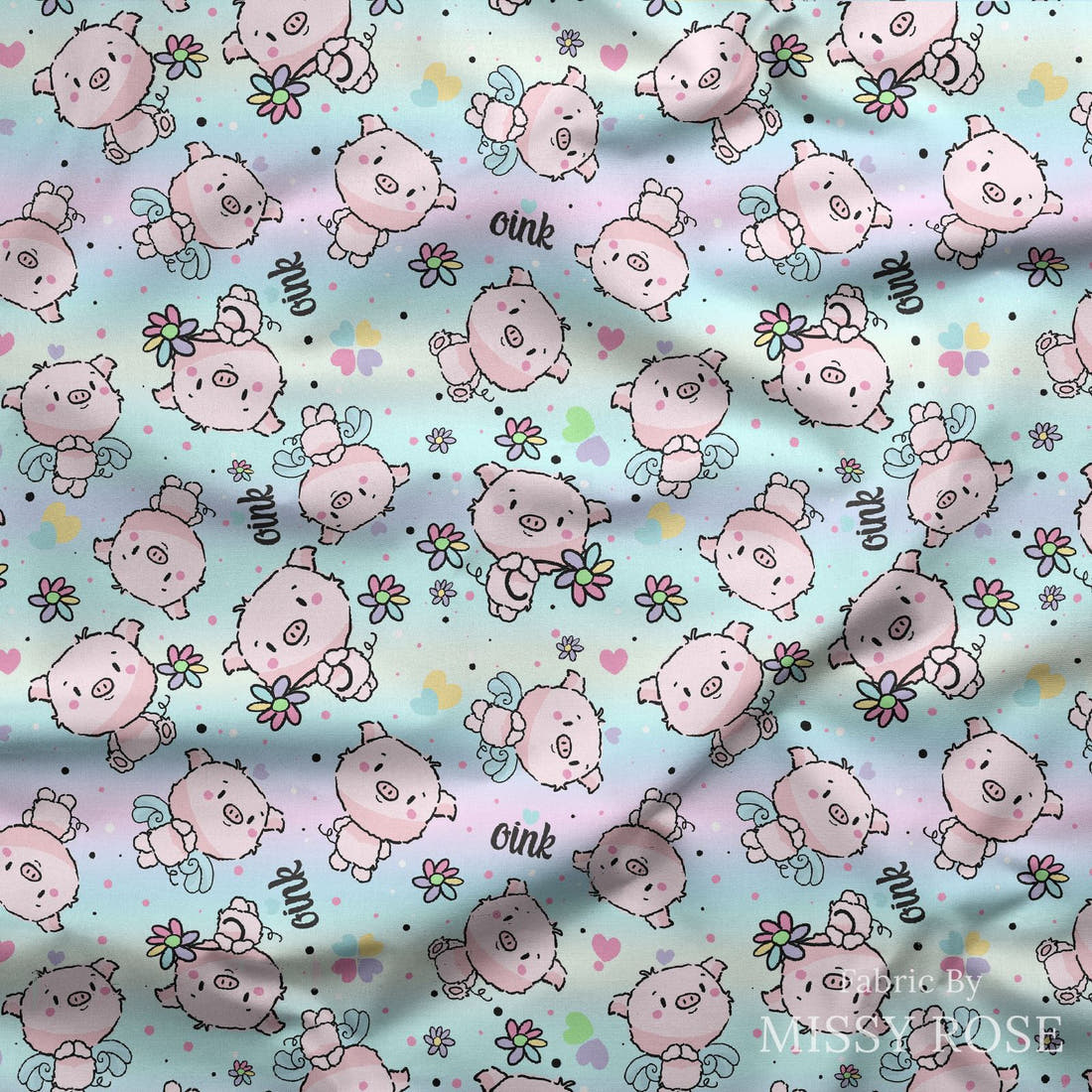 Design 831 Pigs Fabric draped fabric mockup – custom printed fabric by the metre | Fabric by Missy Rose